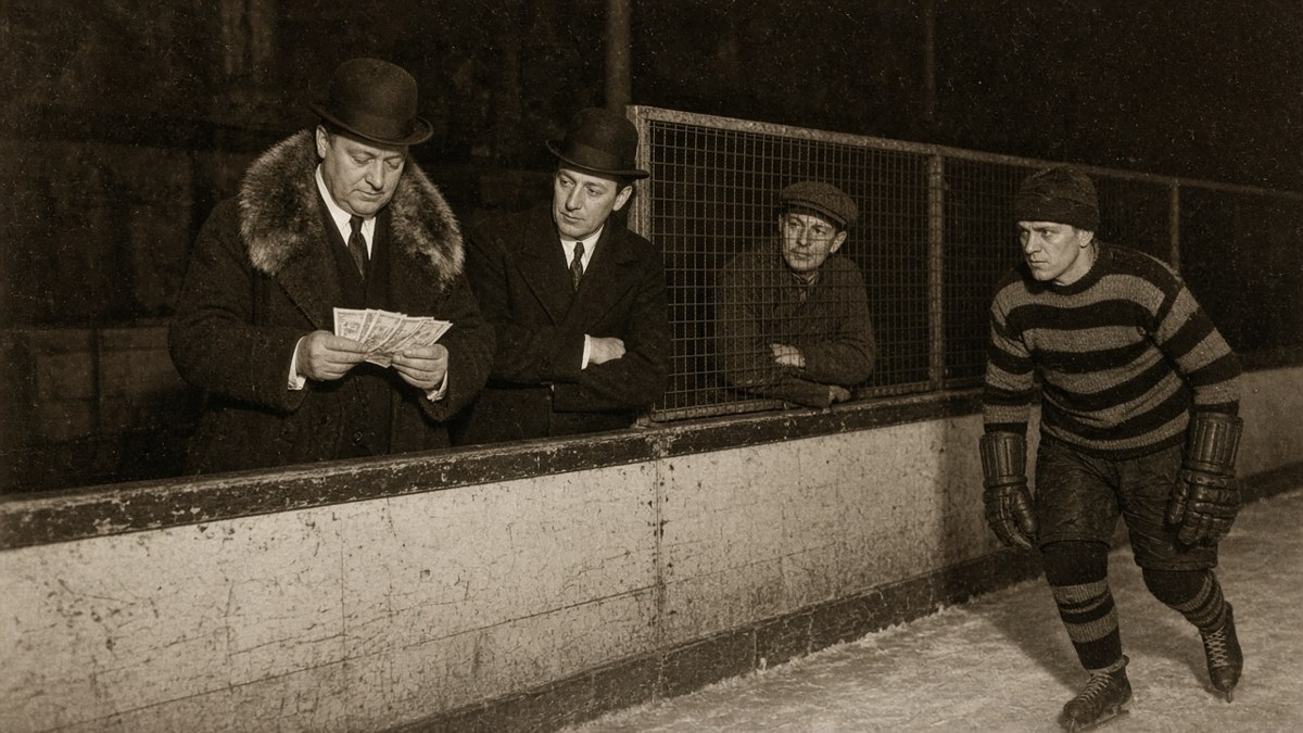 1920s flash photograph of a fur-collared owner in a bowler hat counting banknotes behind the boards while two men lean on the boards and a player in a striped sweater skates past glaring