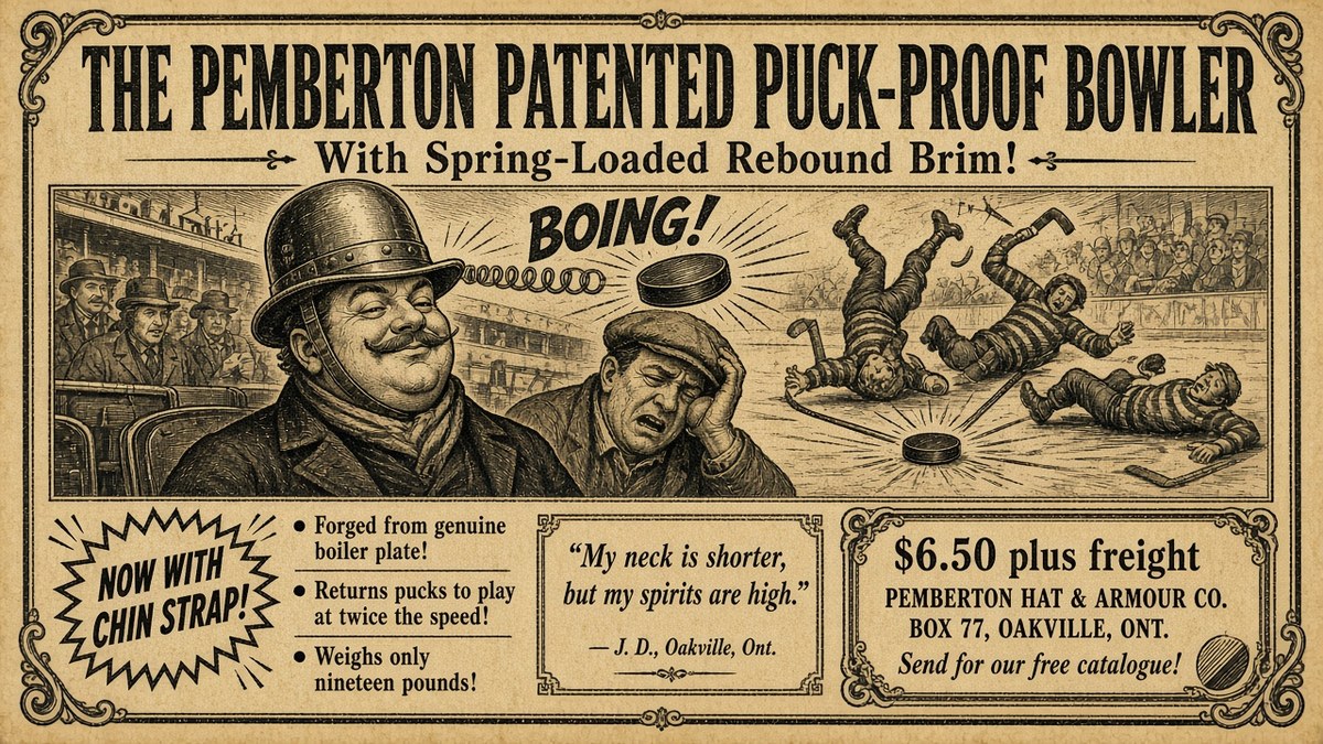 Advertisement for the Pemberton Patented Puck-Proof Bowler with spring-loaded rebound brim