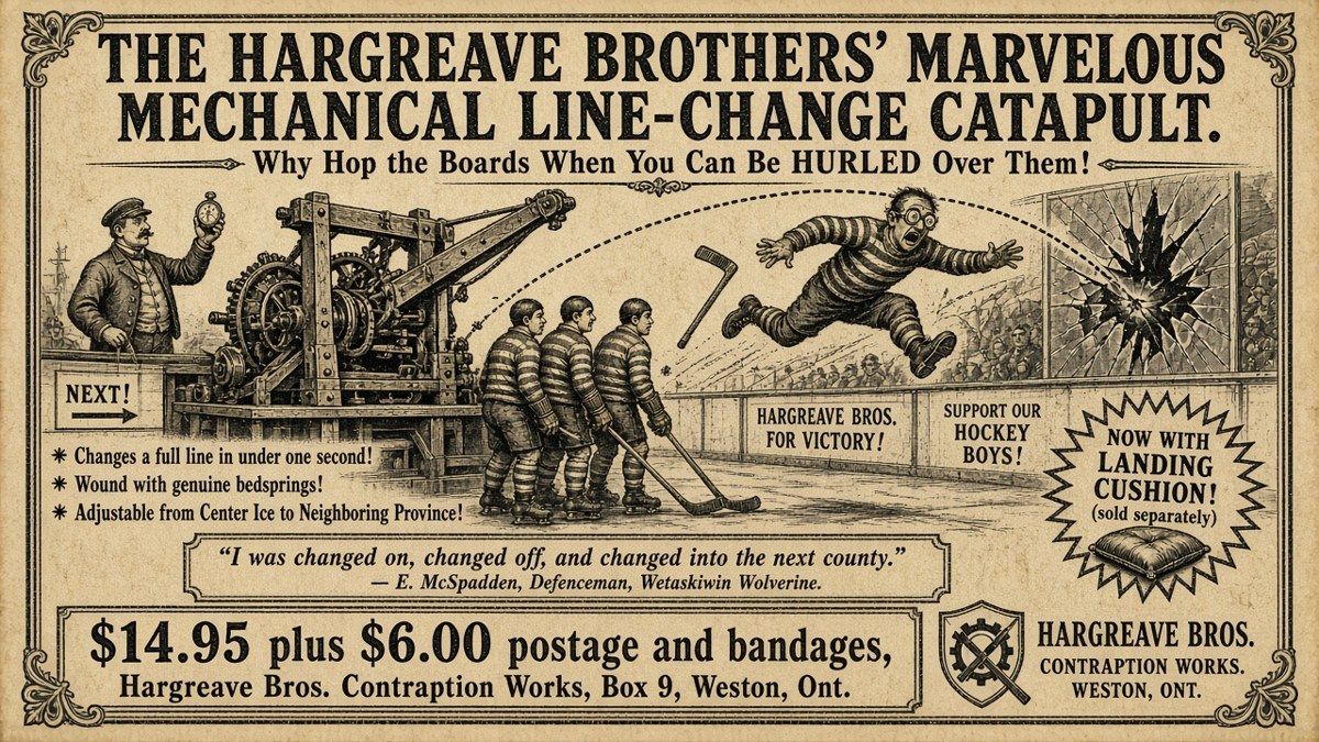 Advertisement for the Hargreave Brothers' Marvelous Mechanical Line-Change Catapult