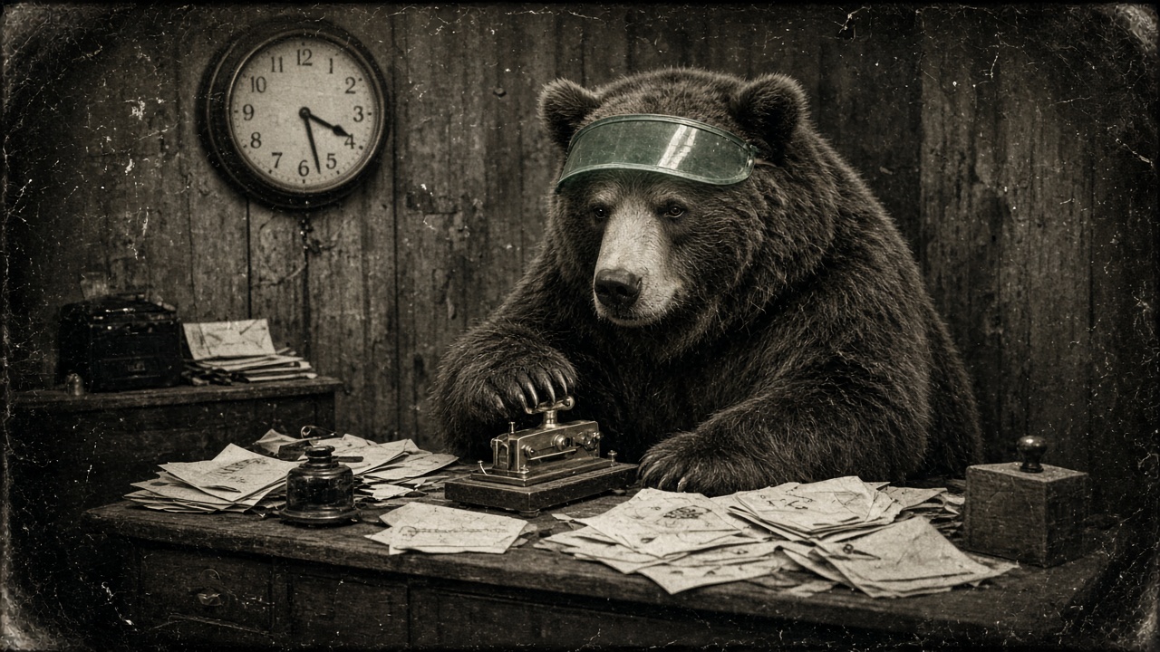 Cartoon grizzly bear frantically tapping a telegraph key