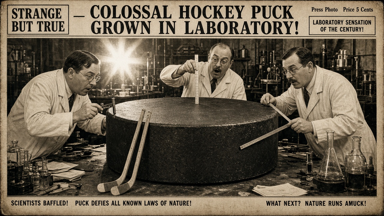 A colossal hockey puck smashed through a rink roof with players staring upward