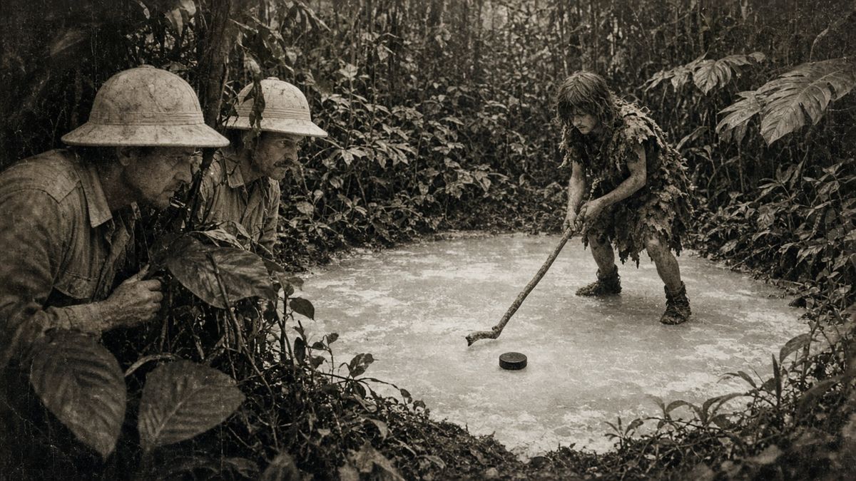 A wild boy dangling a puck on a frozen jungle pond