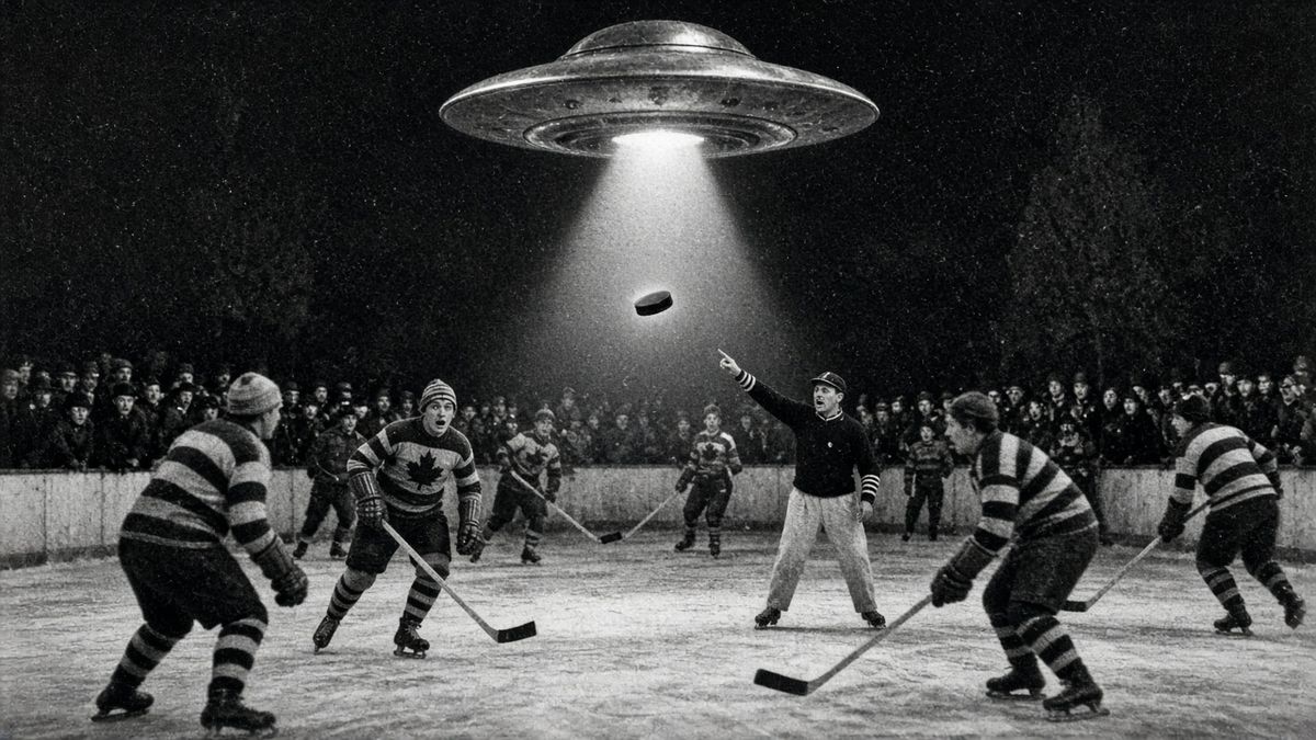 A flying saucer beaming a puck up from an outdoor rink