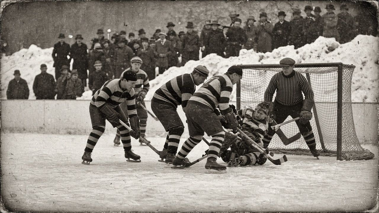 1920s photograph of a crowded goalmouth scramble